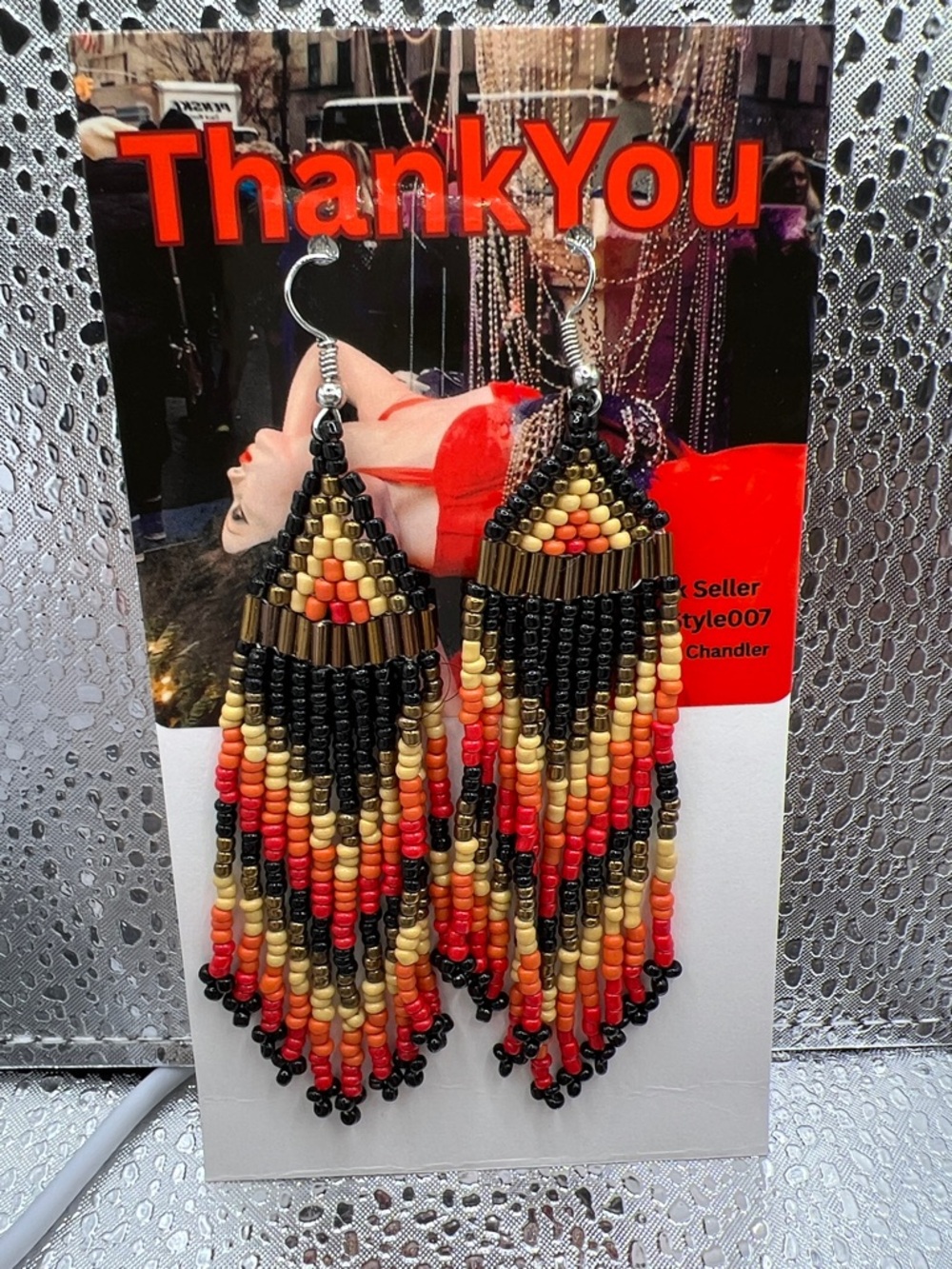 Handmade southwest design Black, Red & Gold Beaded long Fringe Earrings
